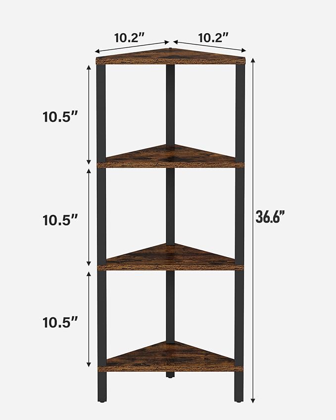 TUTOTAK Corner Shelf, 4-Tier Corner Bookshelf for Small Space, Narrow Display Corner Shelf Stand with Storage Rack, for Living Room, Bedroom, Rustic Brown BS05BB004