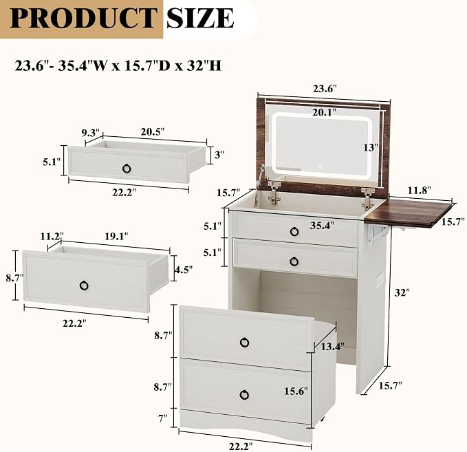 LUXOAK 3-in-1 Small Vanity Desk with Mirror and Lights, Compact Hidden Vanity Set with Stool & Charging Station, Makeup Table for Girls Bedroom and Dressing Room, Rustic White
