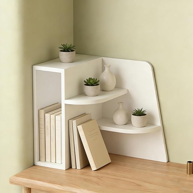 Desktop Corner Stand Shelf 3 Tier Shelf Organizer 15.7in Tall Corner Bookshelf for Small Spaces Wooden Desktop File Organizer Vertical for Home Offices, Bedrooms, and Studies,White,40cm