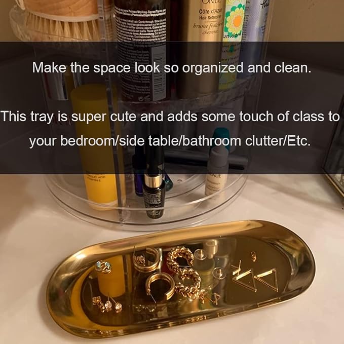 Stainless Steel Decorative Tray, Set of 2, 9 Inch Long, Jewelry Dish Cosmetics Organizer Bathroom Clutter Serving Platter Small Storage Tray, Oval, Gold
