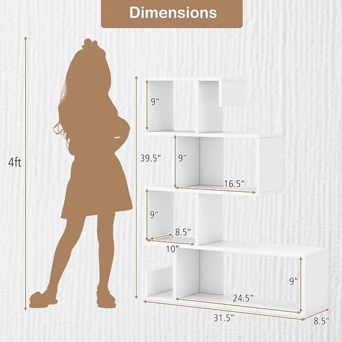 5 Tier Geometric Bookshelf, S-Shaped Z Shelf Bookshelves and Bookcases, Modern Decorative Storage Shelving, Wooden Display Bookcase for Living Room Home Office (White)