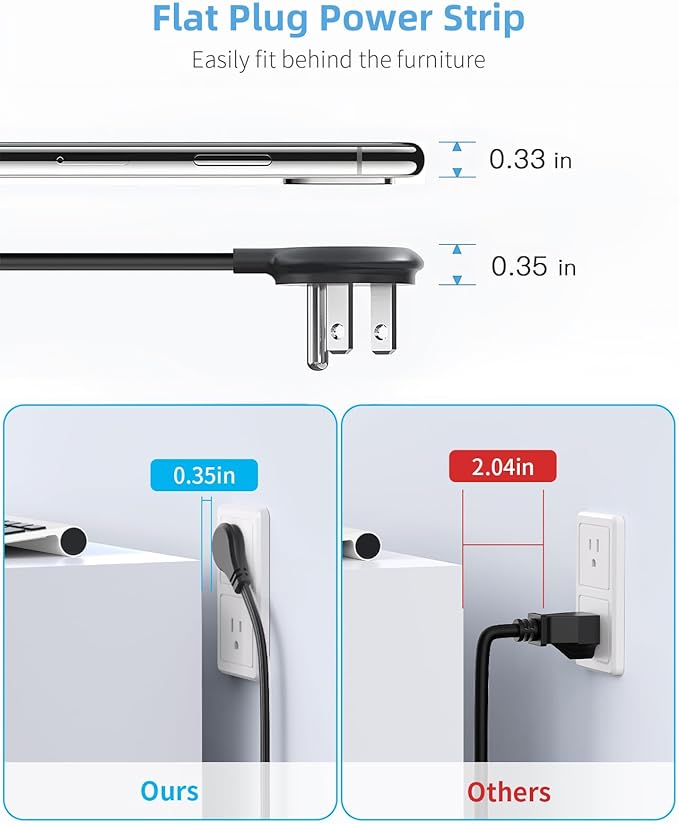 6 Outlet Desk Clamp Power Strip with USB C, Flat Plug Surge Protector, Desktop Edge Mount for 1.8 inch Tabletop Thick, Connect 6 ft Extension Cord, Table Edge Socket with Switch, Black