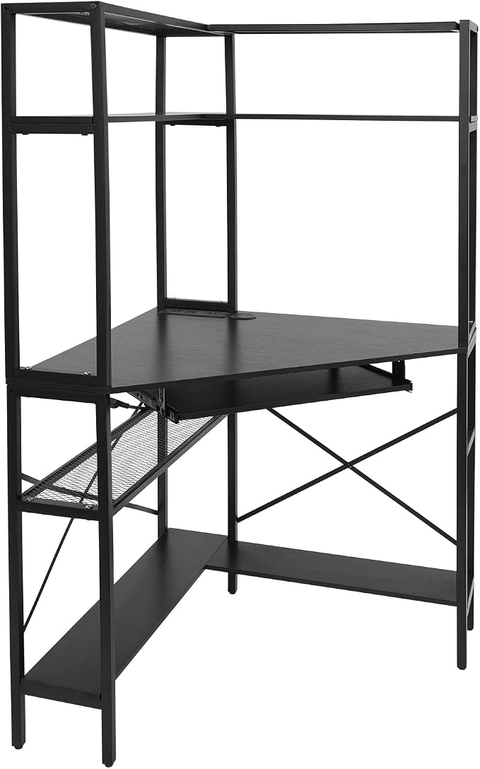 Corner Desk with Hutch, 90 Degrees Triangle Computer Desk w/Keyboard Tray & Bookshelves for Small Space Space Saving Writing Desk w/Storage Shelves for Bedroom Apartment (Black)