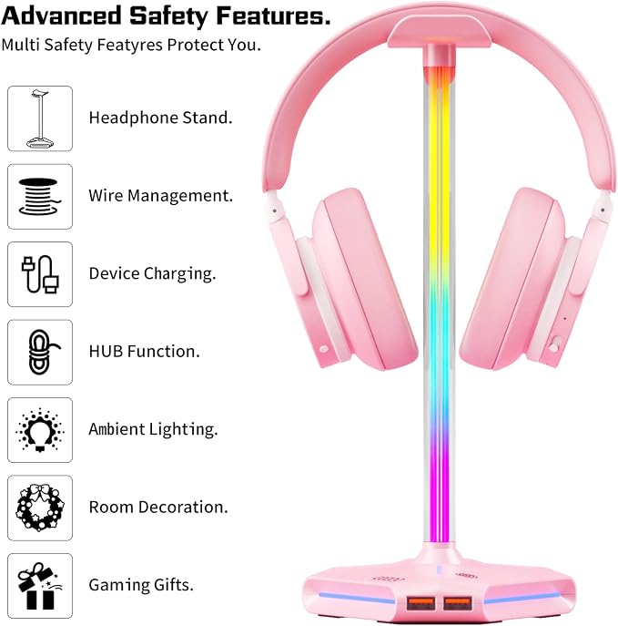 Pink RGB Headphone Stand with 2 USB Ports & Extension Cord, Gaming Headset Stand for Desktop Table, PC Gaming Accessories, Gifts for Girlfriend,Teen Boys Girls,Gaming Setup Organizer