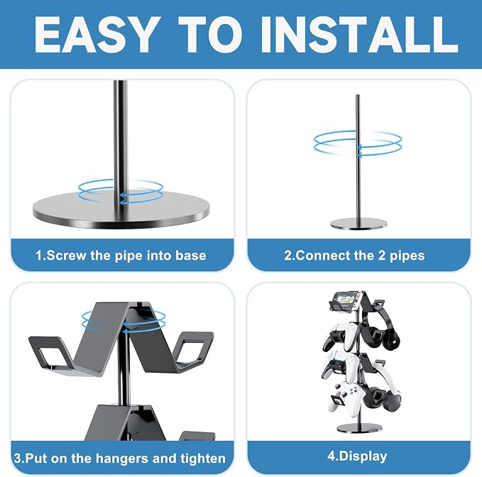 Controller Holder 4 Tier,Headphone Stand - Adjustable Headset Holder for Xbox PS5 PS4 Switch Pro - Gaming Accessories Storage for Gamer,Desk/Floor(Black)