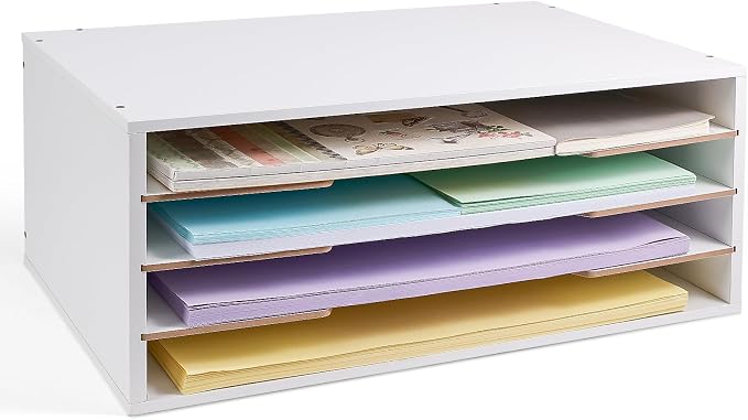 Yumkfoi 12x18 Construction Paper Organizer, 4-Tiers Paper Storage Shelf, Wooden Desk Organizer, File Holder and Letter Tray for Office, Home, Classroom