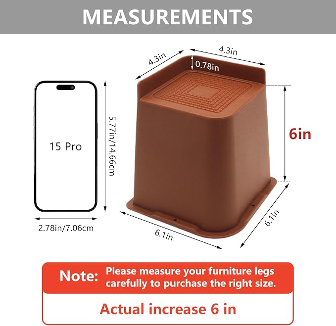 6 Pack Brown Bed Risers 6 inch Heavy Duty, Oversized Furniture Risers, Bed Lifts Risers for Table, Sofa, Chair, Couch, Desk, Bed Frame Risers Supports Up to 6,500 Lbs