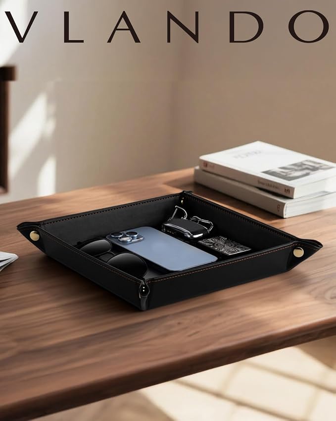VLANDO Valet Tray Organizer, PU Leather Catchall Tray for Men | Classic valet tray for men with space for keys, wallet, watch, phone, coins and EDC accessories on desk or dresser