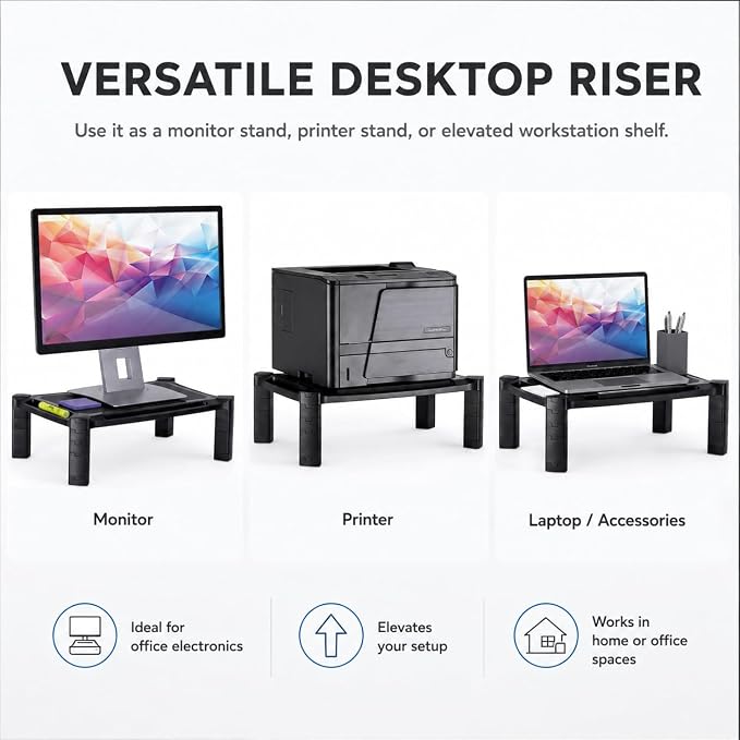 Mount-It! Monitor Stand Riser with Storage, Height Adjustable Desk Shelf for Monitor & Printer, Large 19" Platform, Fits 13–32" Screens up to 22 lbs, Desk Organizer, Black