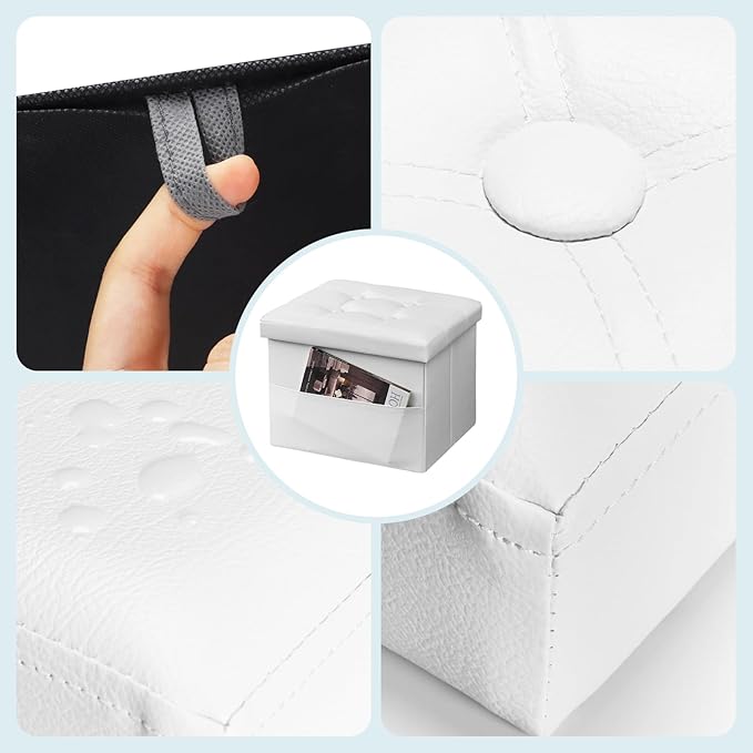 Bsketa Storage Ottoman Foot Rest Stool, Small Leather Storage Ottomans Bench, Folding Footstool with Side Pockets, Foot Rest Under Desk for Living Room Bedroom, 16x12x12 in, White