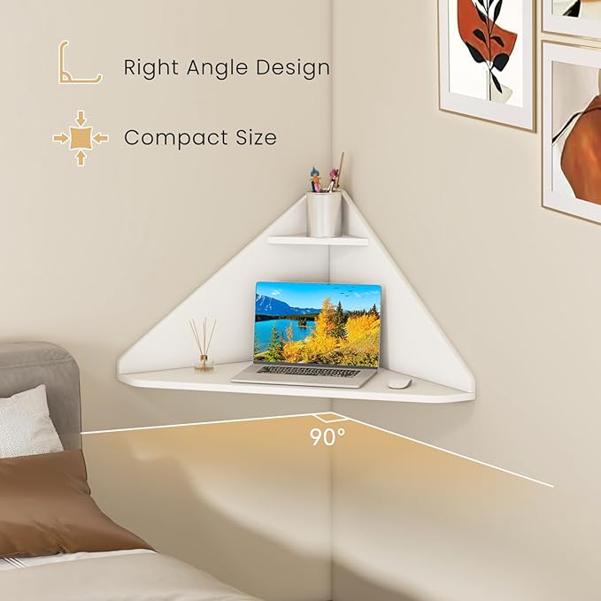 Giantex Corner Floating Desk, Wall Mounted Computer Desk with Storage Shelf, Space-Saving Writing Desk, Triangle Laptop Desk for Living Room, Study, Bedroom, Home Office & Small Spaces (White)