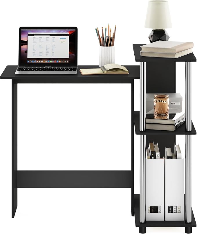 Furinno Abbott Corner Computer Desk with Bookshelf, Americano/Chrome