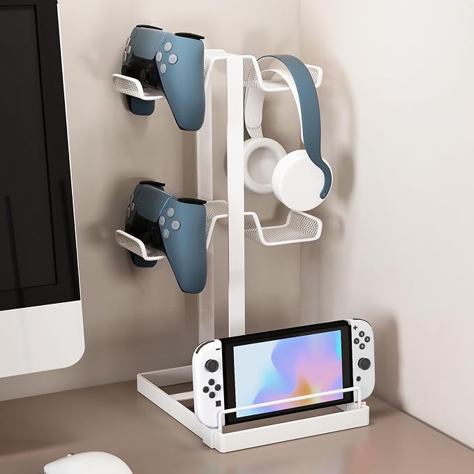 Multi-Tier Game Controller Holder Ideal Gamer Gift Controller Organizer for Playstation 5 PS4 Xbox Headphone Stand Gaming Desk Accessories (White, 2-Tier)