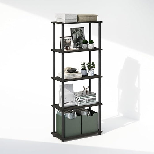 Furinno Turn-N-Tube Book Shelf, 5-Tier Bookshelf, Bookcase with Multipurpose Compact Display Rack, 11.6 x 23.6 x 57.4, for Living Room, Bedroom, Home Office, Espresso/Black