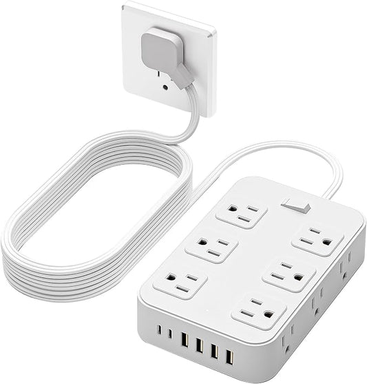 Flat Plug Power Strip Surge Protector with 12 AC Outlets 6 USB Ports 3 Side Multi Plug Outlet Extender 5 Ft Extension Cord for Home Office Kitchen Dorm Wall Desk Charging Station ETL Listed