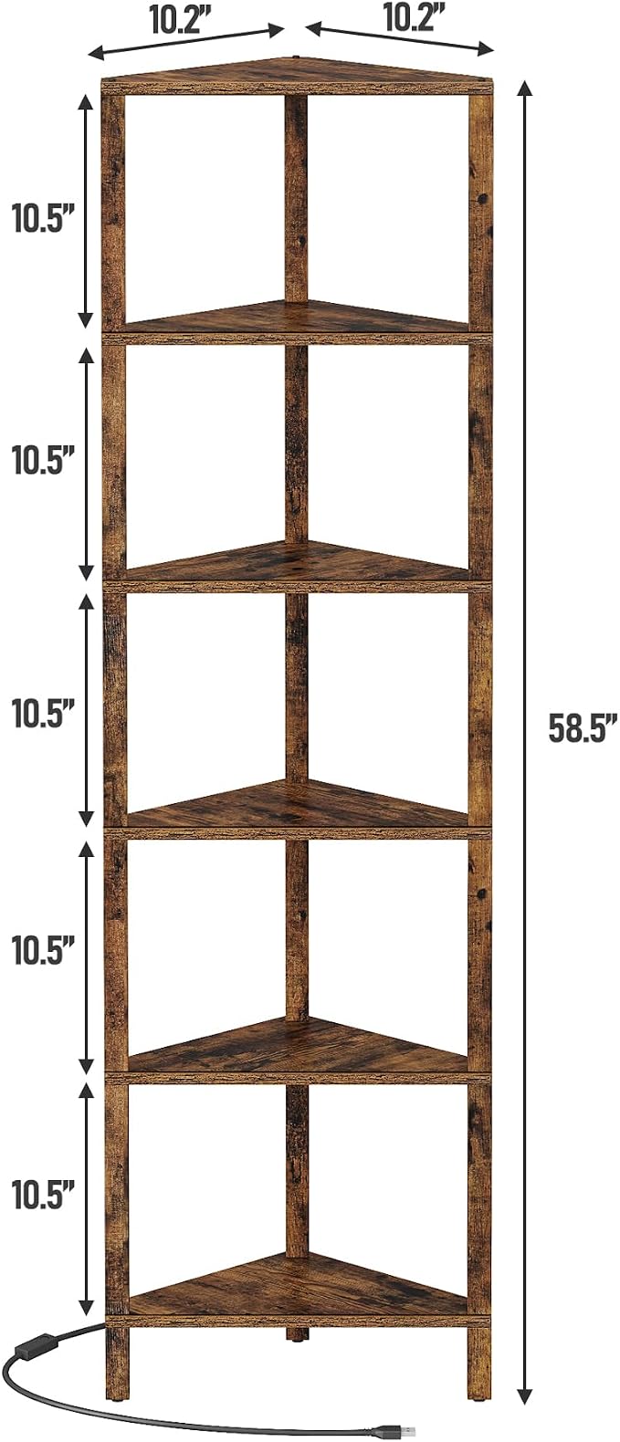 TUTOTAK Corner Shelf with LED Light, 6-Tier Corner Bookshelf for Small Space, Narrow Display Corner Shelf Stand with Storage Rack, for Living Room, Bedroom, Brown BS05BC006L