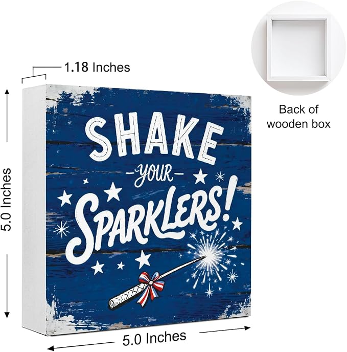 Patriotic Wooden Box Sign,Shake Your Sparklers 4th Of July Signs Home Decor,Independence Memorial Day Block Sign for Desk Shelf Tabletop Decor