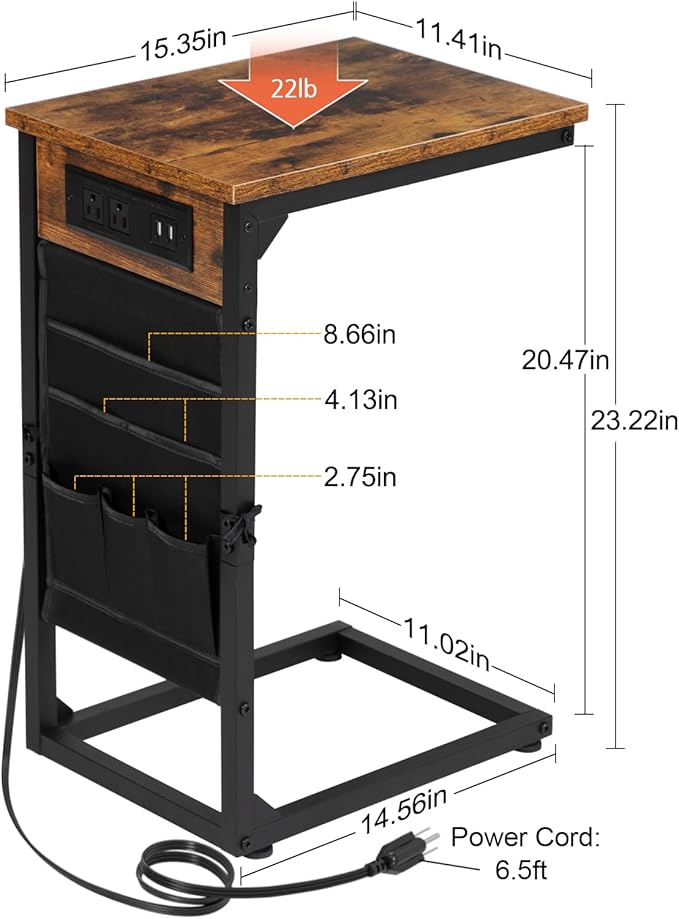 AMHANCIBLE C Shaped End Table with Charging Station, TV Tray Couch Tables with Storage Bag, Slide Under Sofa Side Side Table with USB Ports and Outlets for Living Room, Rustic Brown, HET04CBR-1