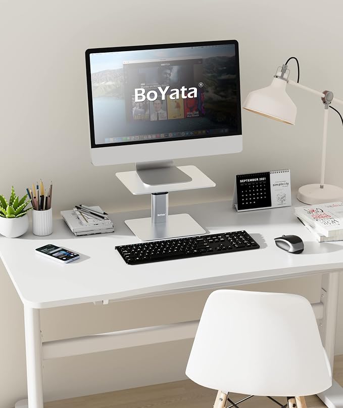 BoYata Monitor Riser Stand, Adjustable Height Metal Desktop Stand Storage Organizer Compatible with TV, PC, Laptop, Computer, iMac, and All Screen Display-Silver