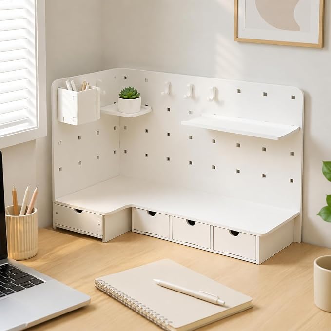 Corner Organizer Pegboard Organizer, White Desktop Storage Shelf, Small Desk Shelf for Home Office, Vertical Desk Storage, Corner Pegboard Shelf - Upgrad (#0143)
