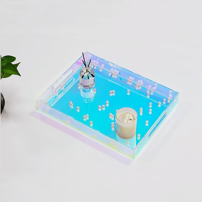 ROYALITA Iridescent Acrylic Serving Tray with Handles 16x12 Inch - Acrylic Tray Bathroom Perfume Tray Spill Proof, Decorative Tray for Ottoman Coffee Table Countertop, Wedding Decor, Office Desk
