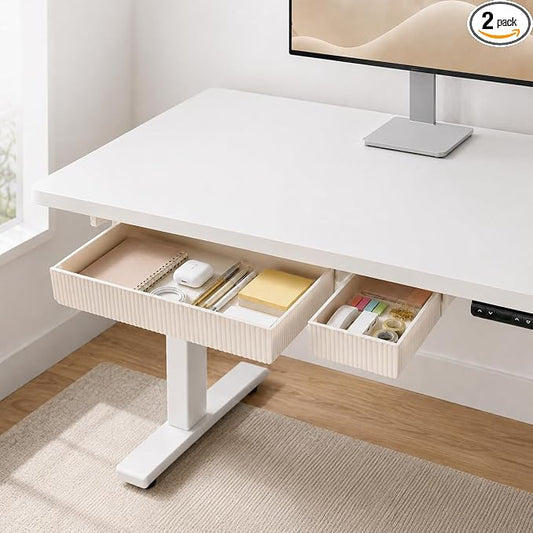 YOOUSOO Under Desk Drawer Organizer, 2 Pack Self Adhesive Slide Out Desk Storage Drawers, Hidden Desk Drawer Attachment for Pens, Notes, Earbuds, Cables and Small Office Accessories, White