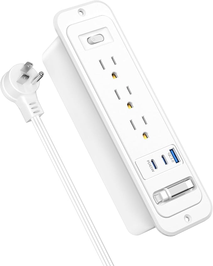 Recessed Power Strip with Retractable USB C Cable,2 PD 65W USB C Fast Charging,Flush Mount Countertop Drawer Outlet, Furniture Hidden Outlet for Side Table,End Table,3 Outlets (White, 6FT-65W)