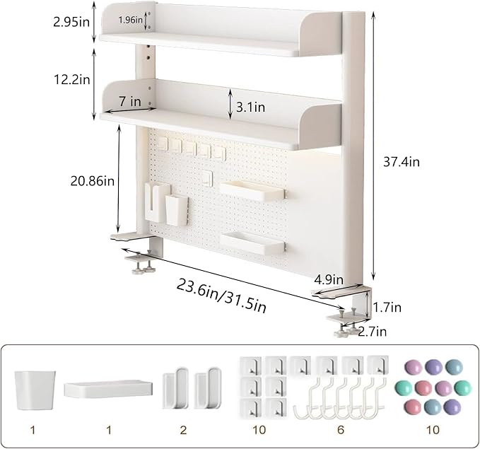 Clamp On Desk Organizer Shelf, White Desktop Bookshelf Storage Shelves with Pegboard Desktop Shelving System for Home Office Dorm Gaming Desk (80cm/31.4in)
