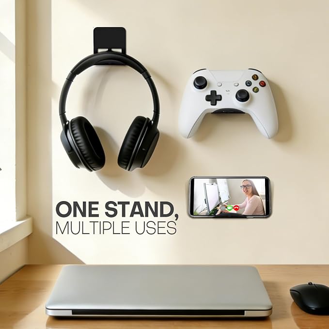 Wall Mount Headphone Stand, 2-in-1 Bendable Silicone Controller Holder, Adhesive Under Desk Hook for Gaming Office & Home, Fits All Headphones for PS5 Xbox Controllers - 1 Pack (Black/White)