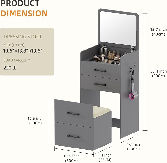 Gurexl 3 in 1 Vanity Desk with Flip Top Mirror,Small Compact Vanity with Visible Glass Desktop,Makeup Vanity Set with 3 Drawers,Cushioned Stool,Dressing Table for Bedroom,Grey