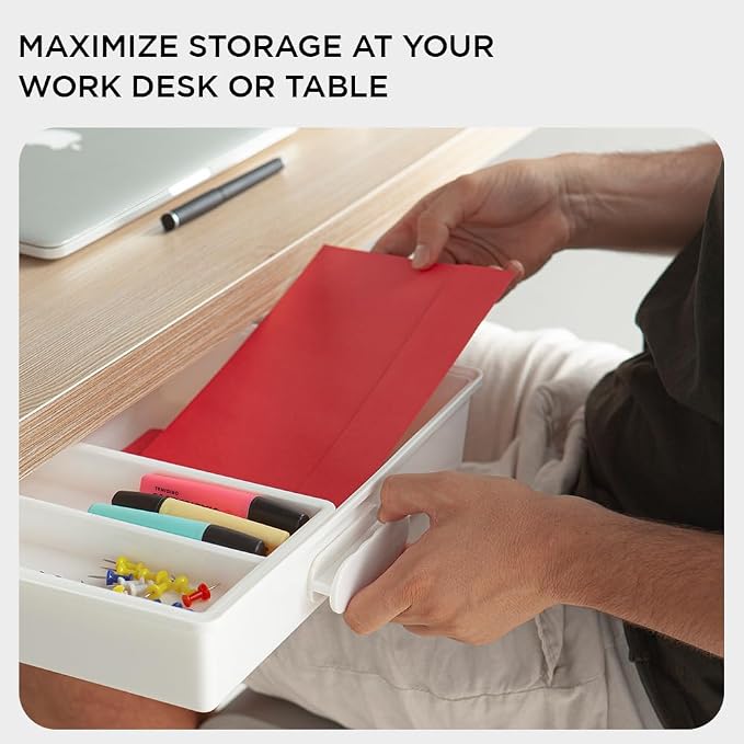 GAROOD Under Desk Drawer, Slide out Hidden Desk Drawers Organizer, Self-adhesive drawer for office/classroom/home 13.3'' x 10.02'' x 2.8’’ (White)