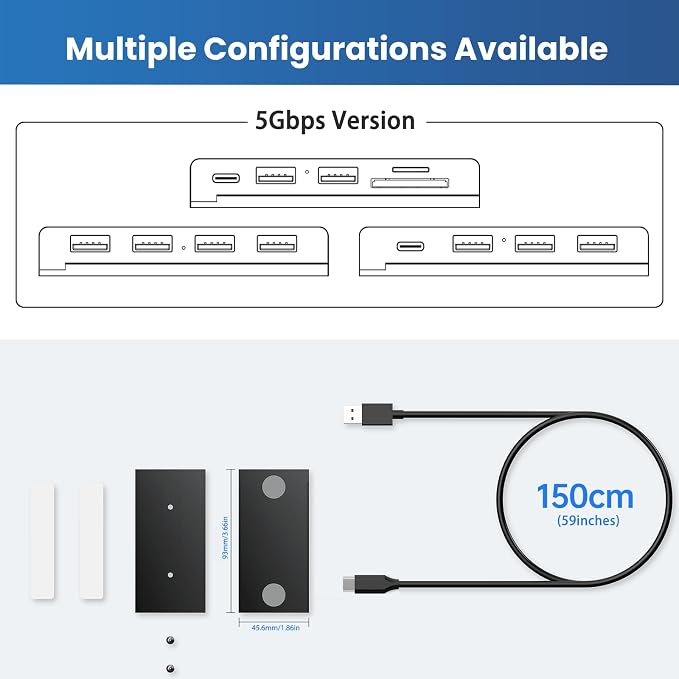 EJAY 10Gbps Magnetic USB-C Hub, 4-Port USB 3.2 Gen2 Desktop Hub with 47" Extra Long Cable, Aluminum USB C Splitter, Under Desk Mount Multi Port USB Hub for MacBook, PC, Surface, SSD, Black