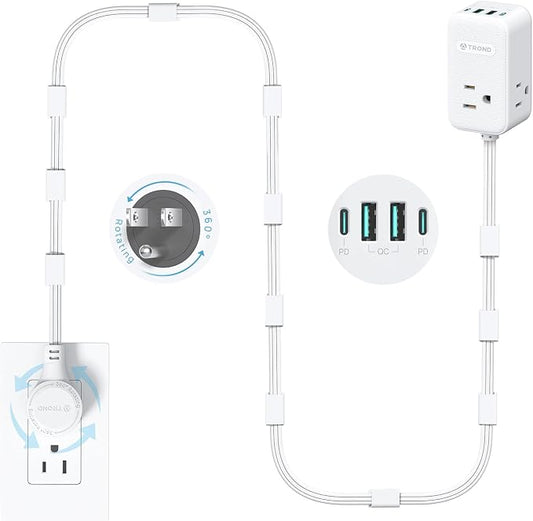 TROND Electrical Outlet Extender 360° Rotating Plug with 20W USB C, 10ft Extension Cord, Wall Plug Adapter with 3 AC Outlets, Access Hard-to-Reach Outlets Use Behind Couches, Desk, White