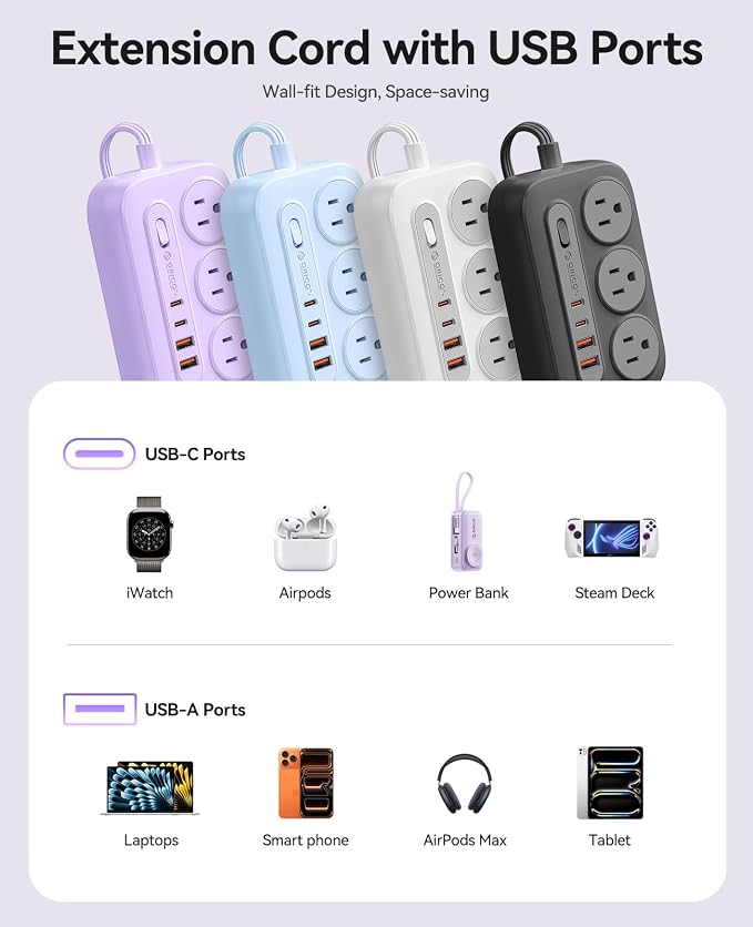 ORICO Surge Protector Power Strip, PD20W Multiple Outlets Extension Cord with 6 AC Outlets and 4 USB Charging Ports (2 USB-C), 45° Flat Plug, 10 Ft Mountable Outlet Extender for Home/Office/Dorm - OG