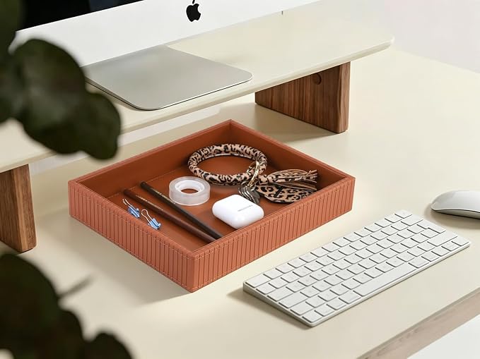 HofferRuffer Faux Leather Vanity Tray, Elegant Desktop Storage Organizer, Decorative Catchall for Perfume, Bathroom Valet, Nightstand or Dresser, 10.2 x 8.4 x 1.8 inches (Brown Stripe)