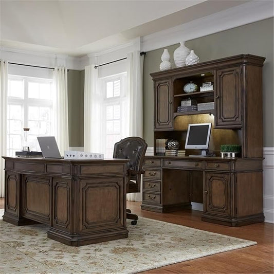 Pemberly Row Jr Executive Office Set, Medium Brown Finish, Antique Toffee Poplar & Birch Veneers, 5-Piece, Includes Desk, Credenza, Hutch, Adjustable Shelves, Touch LED Lighting, Wire Management