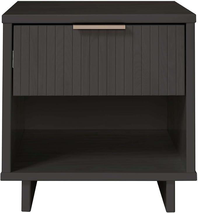 Manhattan Comfort Granville Modern Nightstand 1.0 with 1 Full Extension Drawer, Sled Legs, and Gold Accent Metal Handle, Bedside End Table for Bedroom or Living Room in Dark Grey