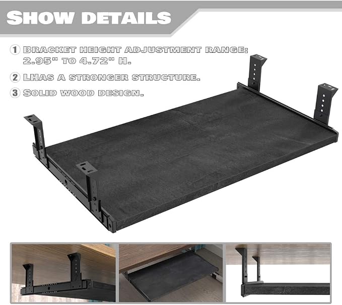 FRMSAET Furniture Accessories Office Product Suits Hardware 20/24/30 inches Keyboard Drawer Tray Wood Holder Under Desk Adjustable Height Platform(24 inches, Black Rock)