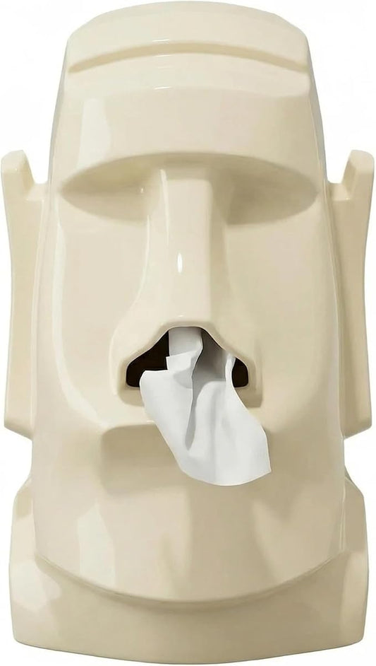 Creative Moai Tissue Box Holder with Headphone Holder, Suitable for Living Room, Bedroom and Other Desktop Storage Boxes, Green,Cream White, Black. (Cream White)