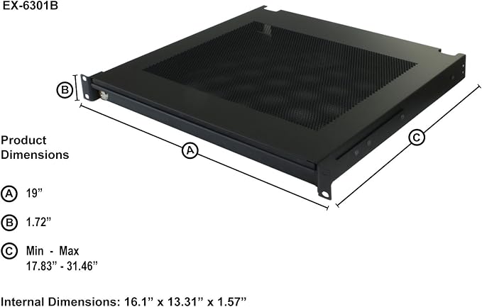 Penn Elcom EX-6301B 19 Inch Rack Mountable Vented Laptop/Tablet Drawer with Foam Wrist-Pad Support, Key Lock and Rear Cable Access