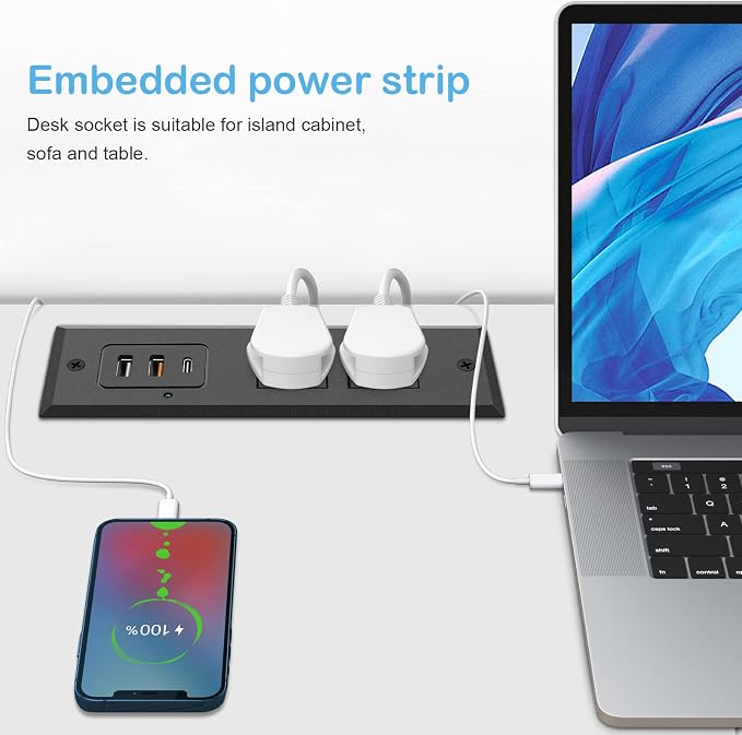 CCCEI Recessed Power Strip with 20W USB C Port, Fast Charging USB A Port Desk Outlet, Furniture Hidden Charging Station for Side Table, End Table, with 10 FT 45 Degree Flat Plug Extension Cord.