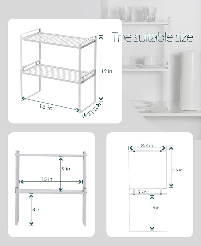 Shantton 2Pack Cabinet Shelf Organizer Storage Rack Space Saving for Kitchen Counter Pantry Bathroom Cupboard Under Sink Office Table Steel Stackable Rust Resistant Heavy Duty Nonslip 16” White - Tall