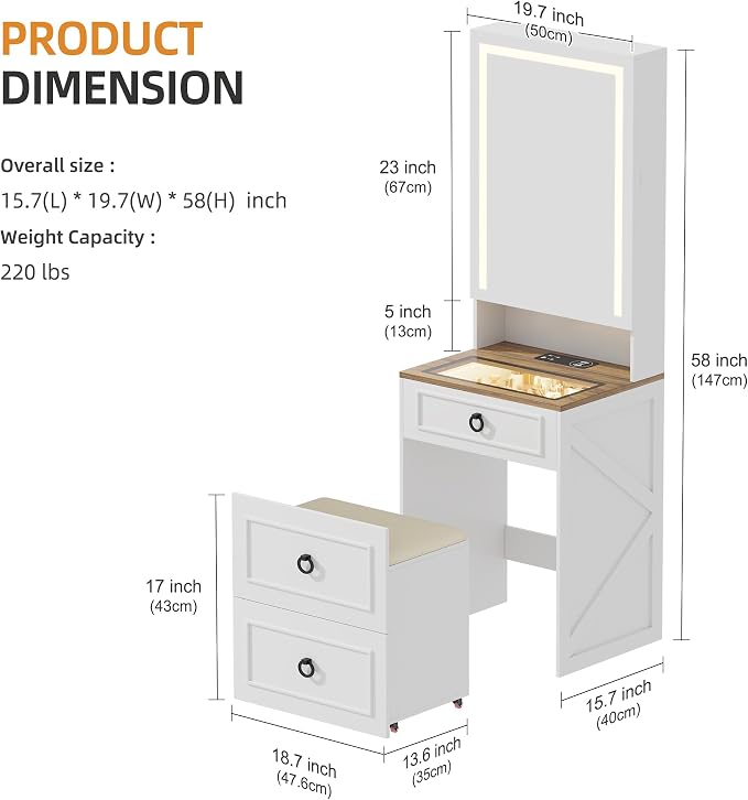 Gurexl 3 in 1 Small Vanity Desk with Lights and Mirror,Tall Lighted Compact Vanity with Charging Station,Makeup Vanity Set with Jewelry Armoire,Glass Top,Wheeled Stool,3 Drawers, White