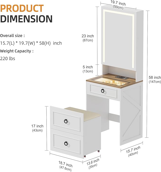 Gurexl 3 in 1 Small Vanity Desk with Lights and Mirror,Tall Lighted Compact Vanity with Charging Station,Makeup Vanity Set with Jewelry Armoire,Glass Top,Wheeled Stool,3 Drawers, White and Oak