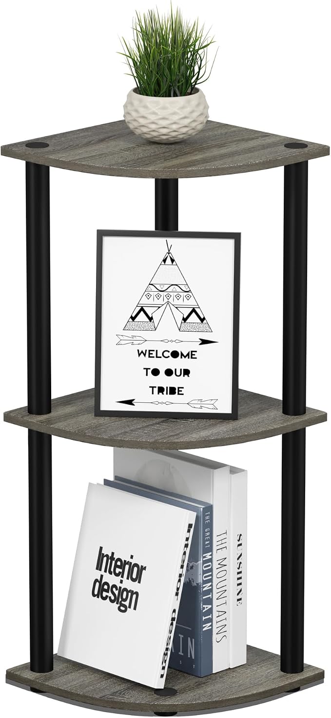 Furinno Turn-N-Tube Toolless Assembly 3-Tier Corner Shelf, Grey Corner Book Shelf, Open Shelves Bookshelf, for Organization and Storage, Living Room, Home Office, Bedroom, Grey Oak