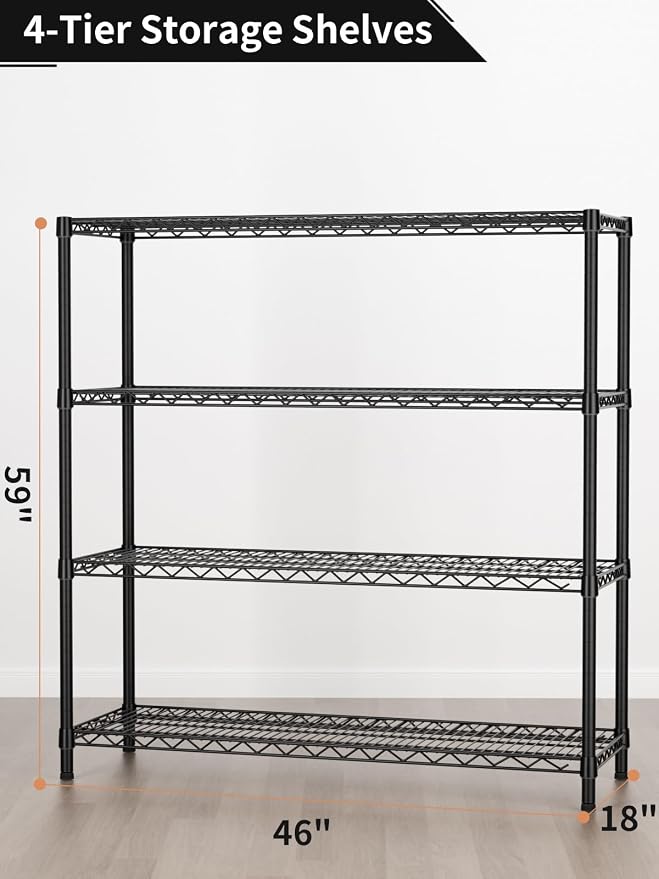 Golpart 4 Tier Adjustable Storage Shelves,Heavy Duty Metal Utility Shelf 1400LBS Capacity Wire Shelving Unit Organizer Rack for Kitchen Office Pantry Room 18" D x 46" W x 59" H Black