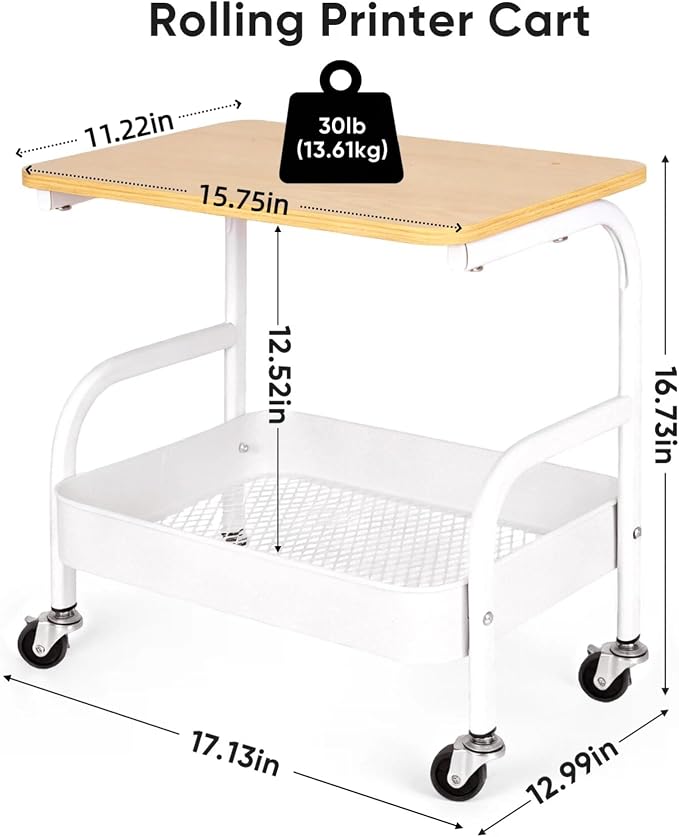 Under Desk Printer Stand with Storage 2 Tier Rolling Printer Cart with Wheels, Mobile Short Under Shelf Storage Small RollingTable Cart for Home and Office, White