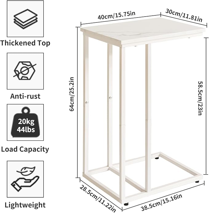 Aibiju C Shaped End Table, Small Side Table for Sofa and Bed, White Bedside Table, Laptop Desk for Couch 16x12x25 inch Faux Marble+White YD-TM051W