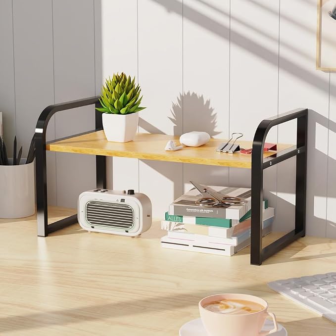 Office Desk Shelf Organizer, Wood Desktop Bookshelf Supplies Storage Rack Shelf for Top Desk and Dresser and Cubicle Decor Bookshelf Monitor Stand Riser (Black Wood-single Tier, 11.81 Lx7.87 Wx8.46 H)