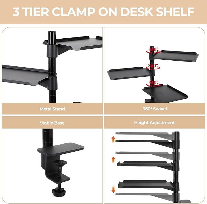 FAHKNS 3-Tier Clamp on Desk Shelf, Desk Clamp Shelf, Ergonomics Metal Desk Extension for Home/Office/Game Room, Tabletop Book Storage Rack, Desktop Thickness 0.4-2.2”